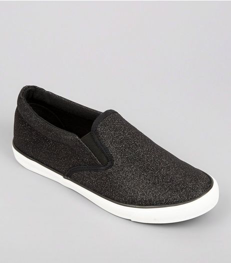 Wide Fit Black Glitter Plimsolls | New Look