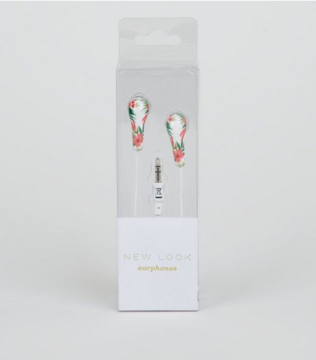 White Tropical Print Earphones | New Look