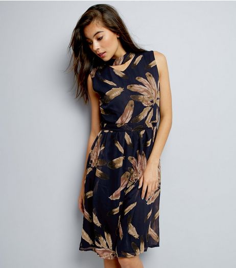 Mela Navy Feather Print Sleeveless Dress | New Look