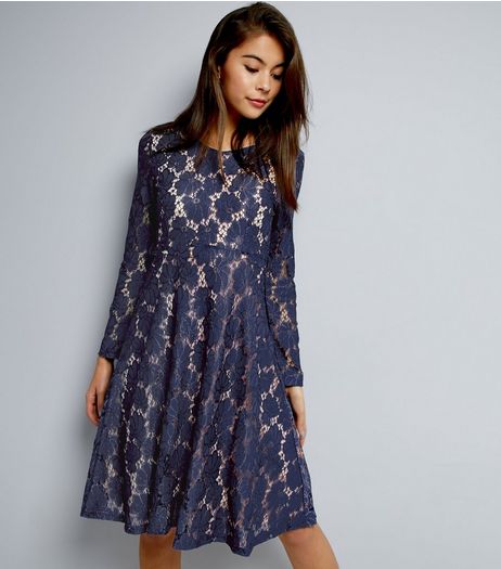 Mela Navy Floral Lace Long Sleeve Dress | New Look