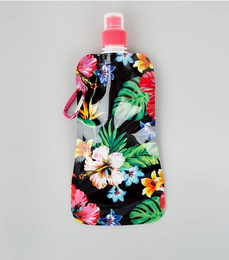 Black Floral Print Foldable Water Bottle | New Look