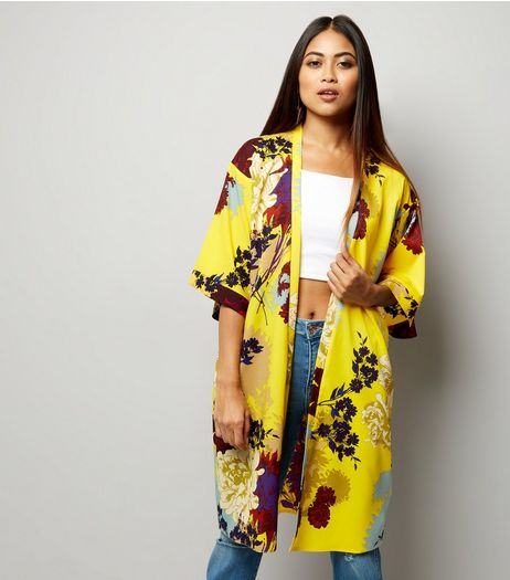 Petite Yellow Floral Longline Kimono | New Look