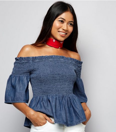 Petite Blue Shirred Bardot Neck Top | New Look