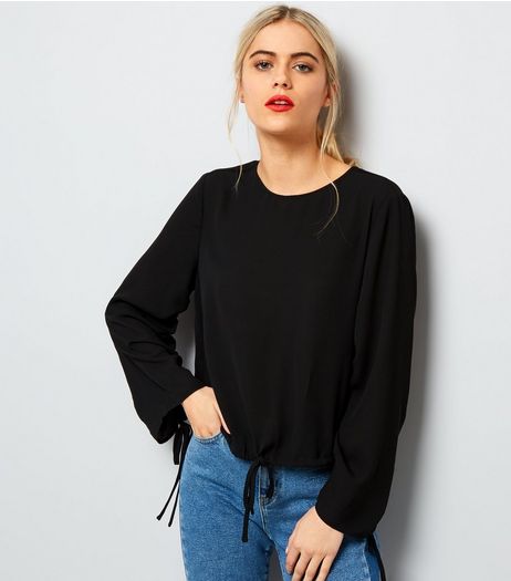 Black Ruched Tie Hem Top | New Look