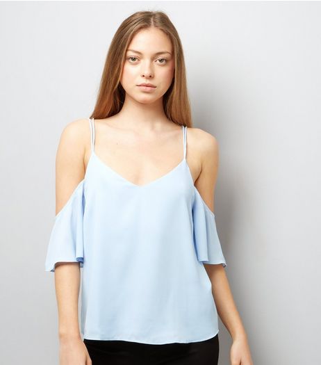 Pale Blue Cross Back Cold Shoulder Top | New Look
