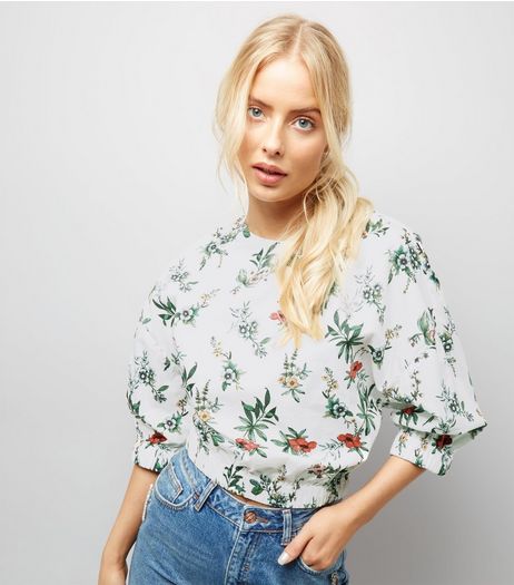White Floral Print Cuffed Sleeve Crop Top | New Look