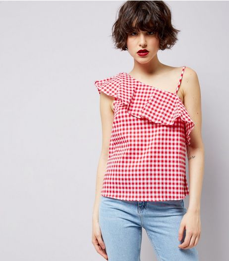 Red Gingham Frill Trim Off the Shoulder Top | New Look