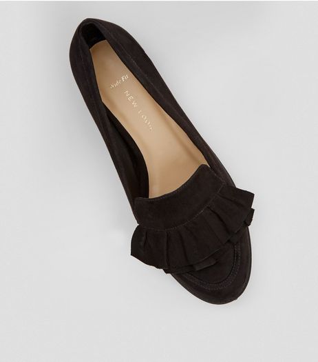 Wide Fit Black Frill Trim Loafers | New Look