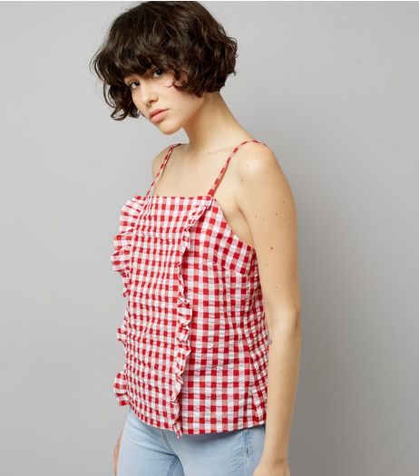 Red Frill Trim Gingham Seersucker Top | New Look
