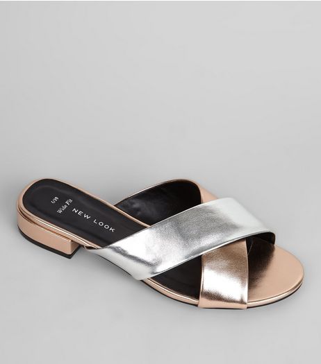 Wide Fit Rose Gold Contrast Cross Strap Mules | New Look