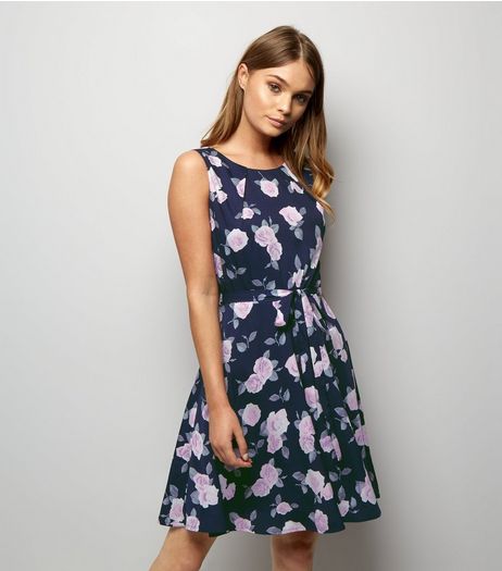 Mela Black Floral Print Tie Waist Skater Dress | New Look