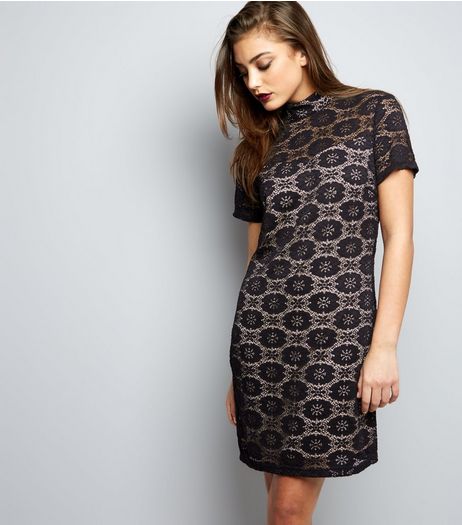 Mela Black Funnel Neck Lace Embroidered Dress | New Look