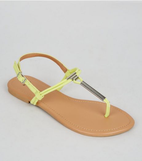 Wide Fit Neon Yellow Suedette Toe Post Sandals | New Look