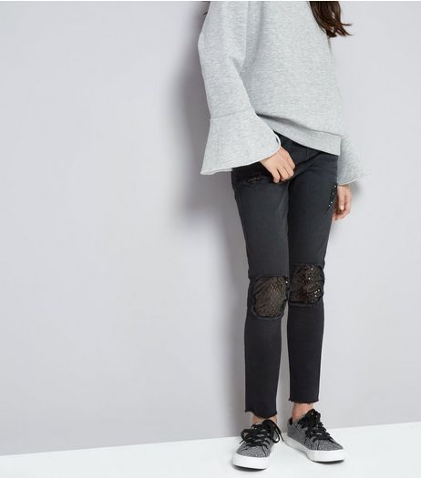 Teens Black Ripped Sequin Insert Skinny Jeans | New Look