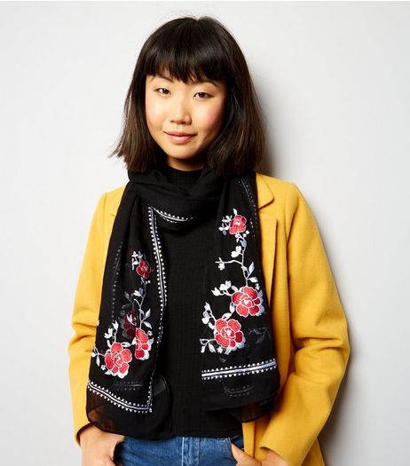 Black Sheer Floral Embroidered Scarf | New Look