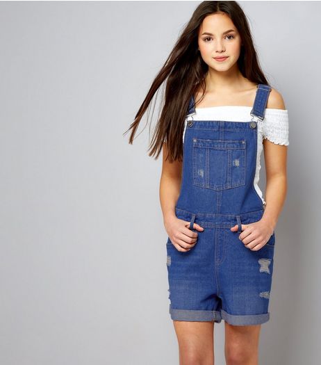 Teens Blue Ripped Short Dungarees | New Look