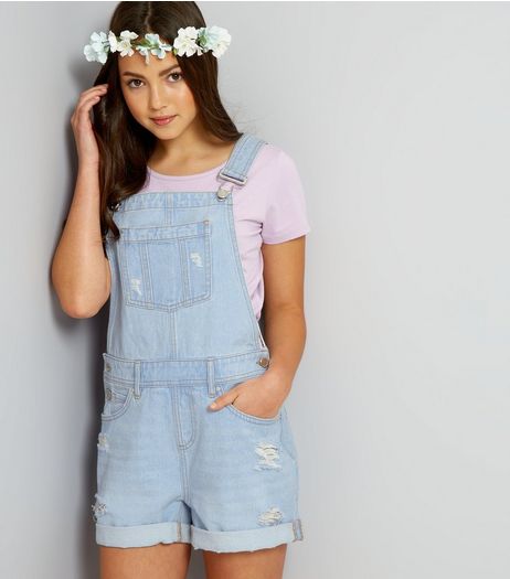 Teens Pale Blue Ripped Short Dungarees | New Look