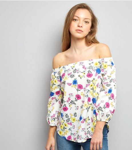 White Floral Print Bardot Neck Top | New Look
