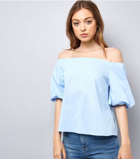 Pale Blue Balloon Sleeve Bardot Neck Top | New Look