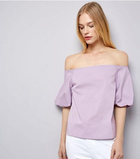 Purple Balloon Sleeve Bardot Neck Top | New Look