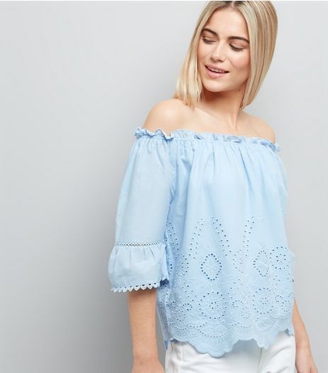 Pale Blue 1/2 Sleeve Cut Out Bardot Neck Top | New Look