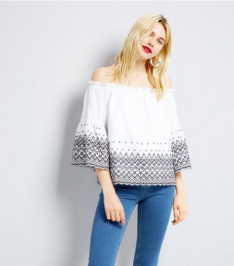 White Embroidered Bardot Neck Top | New Look