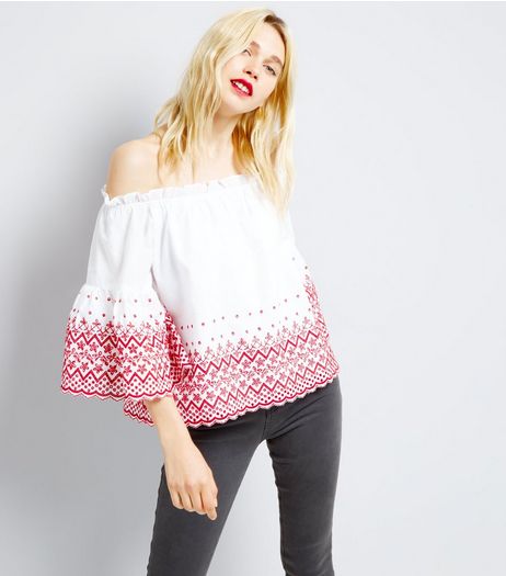 White Embroidered Bardot Neck Top | New Look