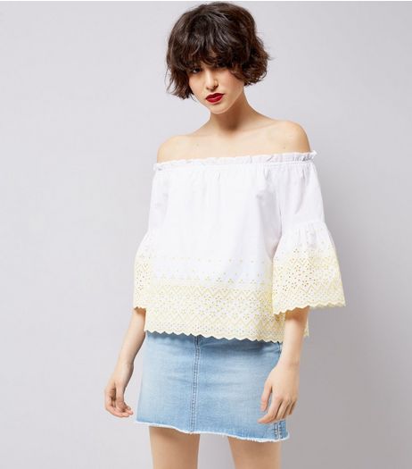White Contrast Trim 3/4 Sleeve Bardot Neck Top | New Look