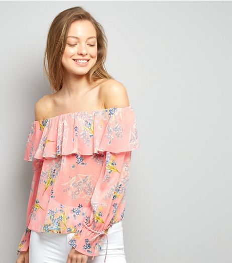 Pink Floral Print Frill Trim Bardot Neck Top | New Look