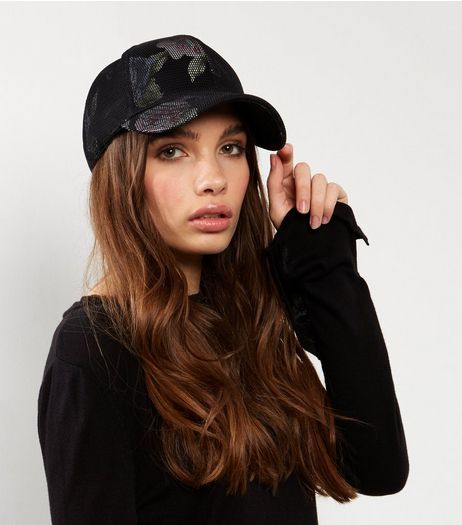 Black Floral Print Mesh Cap | New Look