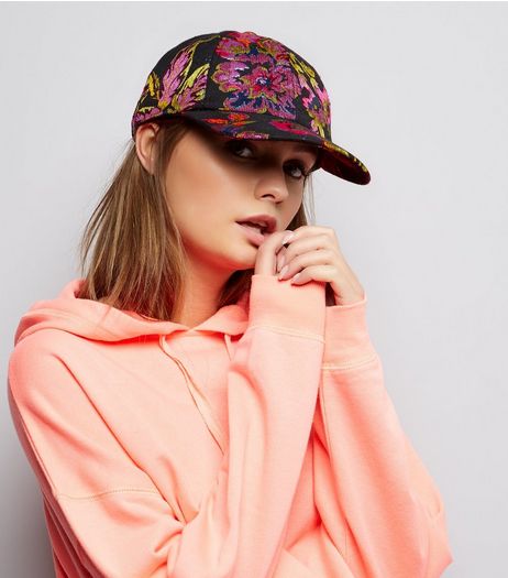 Black Floral Brocade Cap | New Look