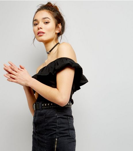 Black Frill Trim Bardot Neck Top | New Look