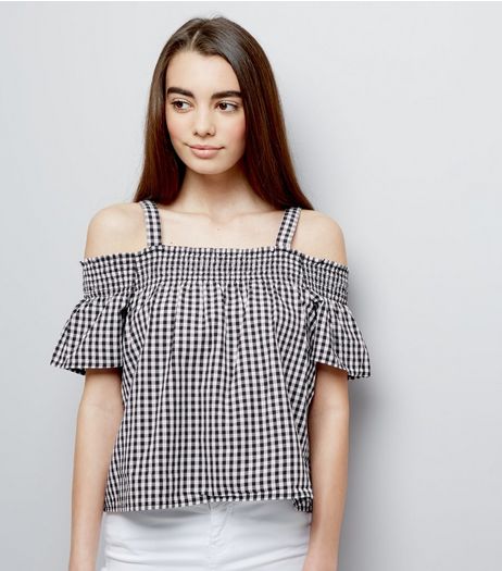 Teens Black Gingham Shirred Cold Shoulder Bardot Neck Top | New Look