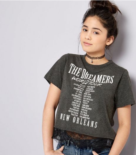 Teens Grey The Dreamers Lace Hem T-Shirt | New Look