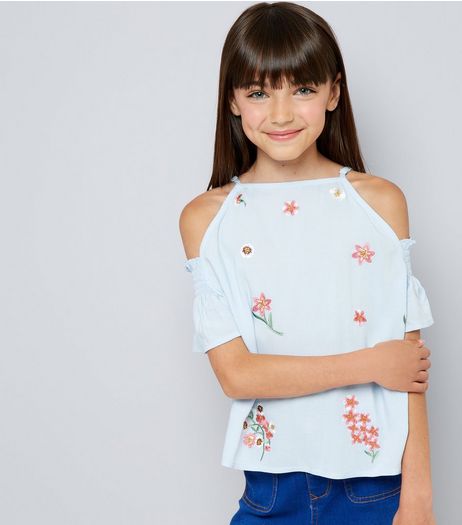 Teens Pale Blue Floral Embroidered Cold Shoulder Top | New Look