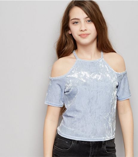 Teens Pale Blue Velvet Cold Shoulder Crop Top | New Look