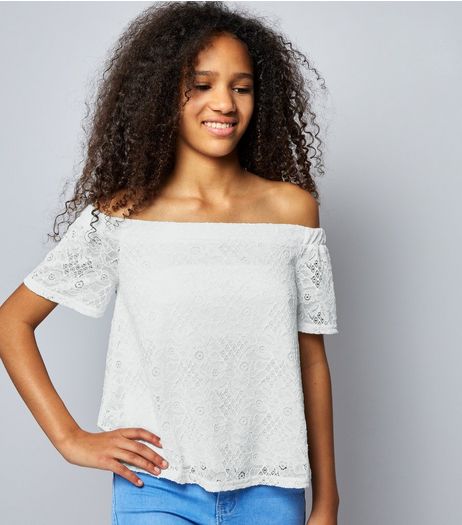 Teens Cream Lace Bardot Neck Top | New Look