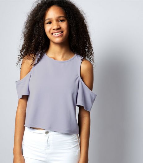 Teens Lilac Cold Shoulder Flutter Sleeve Top | New Look