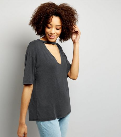 Dark Grey Cut Out Choker Neck T-Shirt | New Look