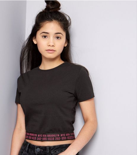 Teens Black Phone Number Print Hem Crop Top | New Look