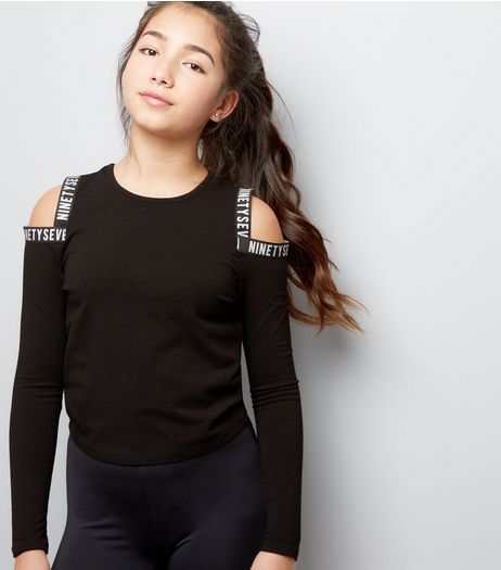 Teens Black Ninety Seven Print Cold Shoulder Crop Top | New Look