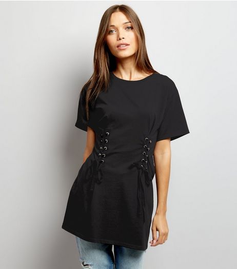 Black Lace Up Corset Longline T-Shirt | New Look