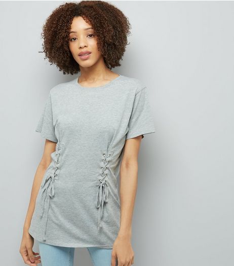 Grey Lace Up Corset Longline T-Shirt | New Look