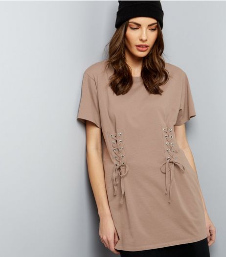 Mink Lace Up Corset Longline T-Shirt | New Look