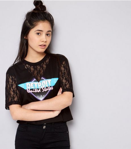 Teens Black Detroit Print Lace Panel T-Shirt | New Look
