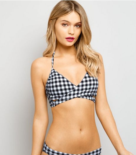Black Gingham Wrap Front Bikini Top | New Look