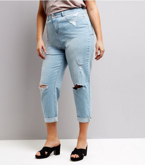 Curves Blue Ripped Boyfriend Jeans | New Look