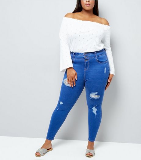 Curves Blue High Waisted Ripped Skinny Jeans | New Look