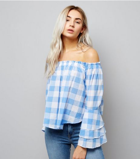 Petite Blue Gingham Tiered Sleeve Bardot Neck Top | New Look