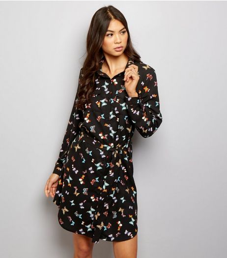Mela Black Butterfly Print Shirt Dress | New Look